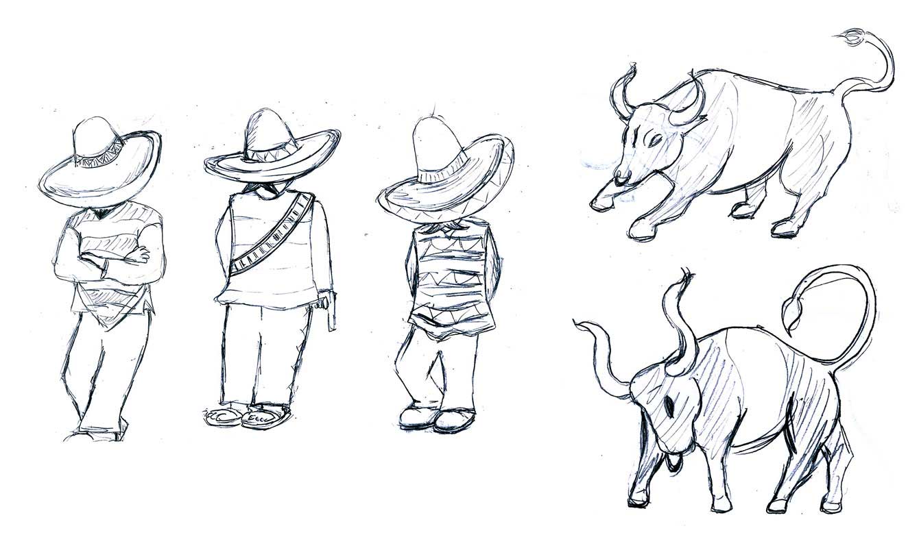 Various rough sketches of Mexican men leaning on a wall and bulls preparing to charge.